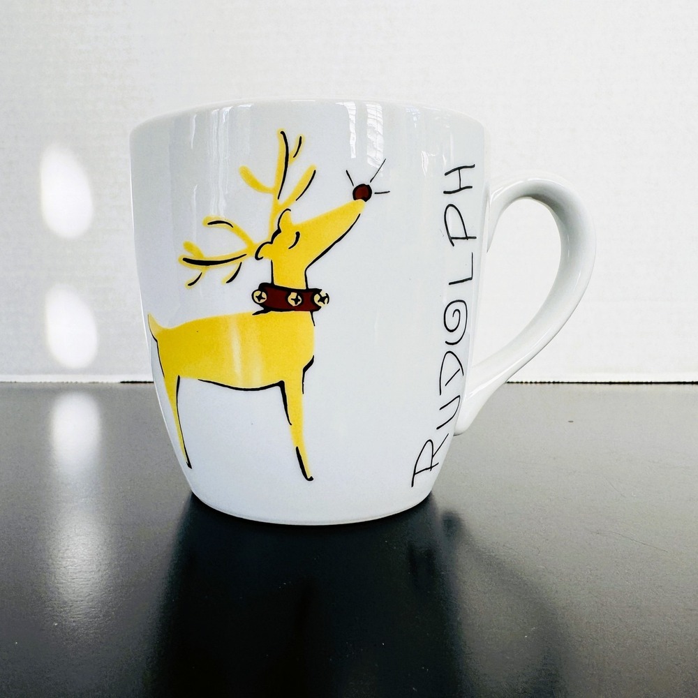 Pottery Barn Reindeer RUDOLPH Large Ceramic Mug Cup 4" Tall